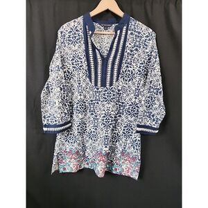 BROOKS BROTHERS Linen V-Neck 3/4 Sleeve Floral Tunic Lace‎ Embroidered Womens M